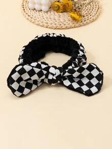 1pc Checkerboard Pattern Bath Headband, Polyester Bow Decor Facial Makeup Headband For Bathroom - Black and White - View 2