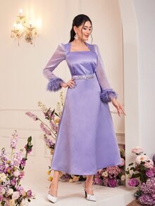 Modelyn 毛茸茸袖口方領緞面上衣和裙子 - 紫丁香色 - 查看 3