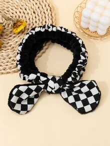 1pc Checkerboard Pattern Bath Headband, Polyester Bow Decor Facial Makeup Headband For Bathroom - Black and White - View 4
