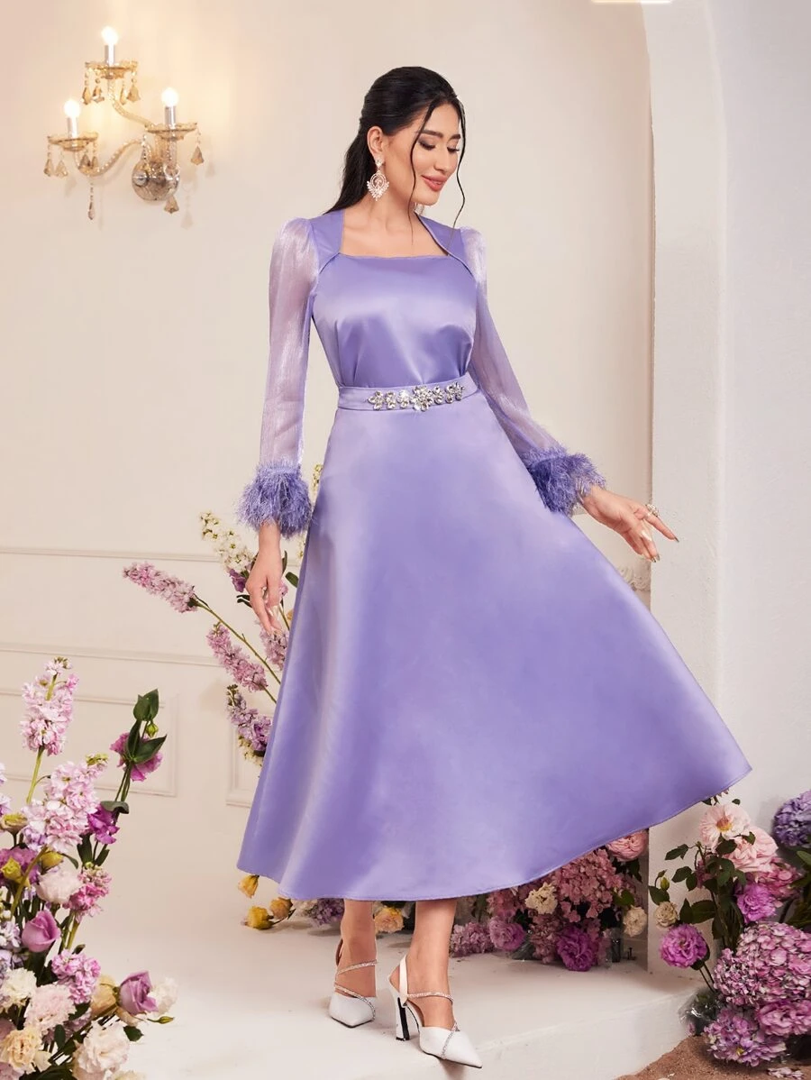 Modelyn 毛茸茸袖口方領緞面上衣和裙子 - 紫丁香色 - 查看 1