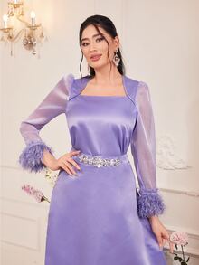 Modelyn 毛茸茸袖口方領緞面上衣和裙子 - 紫丁香色 - 查看 6