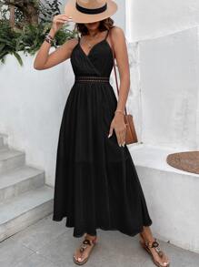 Breezaya Guipure Lace Insert Split Thigh Cami Dress - Black - View 4