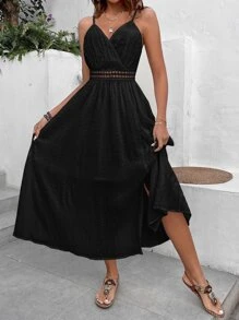 Breezaya Guipure Lace Insert Split Thigh Cami Dress - Black - View 5