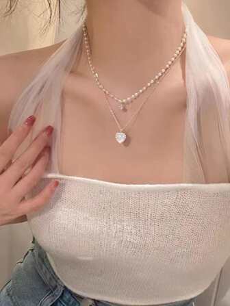 養殖假珍珠裝飾心形吊墜多層項鍊