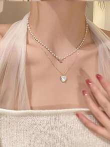 Schicht Halskette Mit Kultiviertem Faux-perlen Dekor Und Herzanhänger - Verschiedenfarbig - Übersicht 4