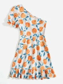 SHEIN VCAY Vestido con estampado de naranja de un hombro bajo con fruncido