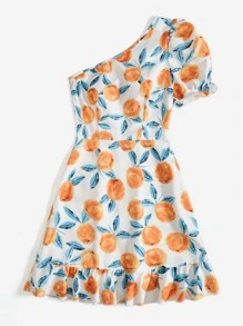 SHEIN VCAY Vestido con estampado de naranja de un hombro bajo con fruncido