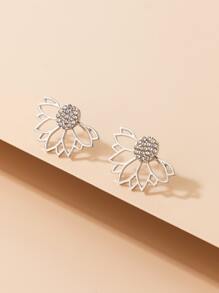 Rhinestone Decor Flower Stud Earrings - Silver - View 1