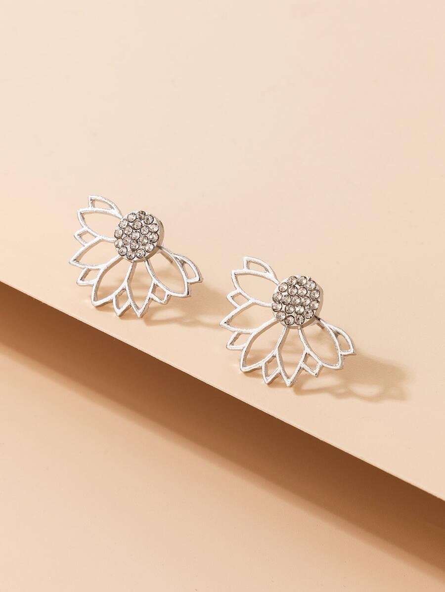 Rhinestone Decor Flower Stud Earrings - Silver - View 1