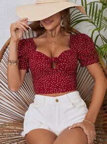 SHEIN VCAY Polka Dot Print Knot Front Puff Sleeve Crop Blouse - Red and White - View 4
