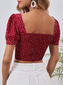 SHEIN VCAY Polka Dot Print Knot Front Puff Sleeve Crop Blouse - Red and White - View 1