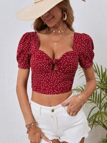 SHEIN VCAY Polka Dot Print Knot Front Puff Sleeve Crop Blouse - Red and White - View 5