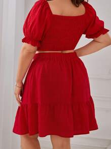SHEIN VCAY 大碼泡泡袖前打結短款上衣和荷葉邊半身裙 - 紅色 - 查看 2