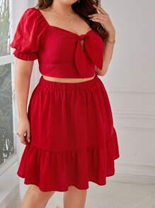 SHEIN VCAY 大碼泡泡袖前打結短款上衣和荷葉邊半身裙 - 紅色 - 查看 5