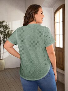 SHEIN LUNE 大碼側邊紐扣弧形下擺網眼刺繡T恤 - 薄荷綠 - 查看 2
