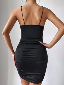 Chiquease Đầm Lộ Lưng Tương phản Mesh Hội Chữ thập Xù màu trơn Gợi cảm - màu đen - Xem 2