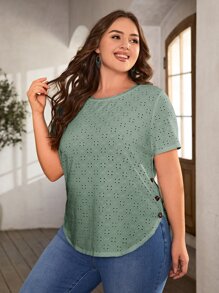 SHEIN LUNE 大碼側邊紐扣弧形下擺網眼刺繡T恤 - 薄荷綠 - 查看 3