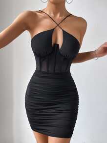 Chiquease Đầm Lộ Lưng Tương phản Mesh Hội Chữ thập Xù màu trơn Gợi cảm - màu đen - Xem 3