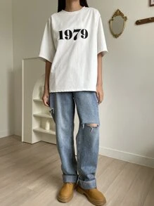 DAZY Letter Graphic Drop Shoulder Tee - White - View 3