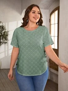 SHEIN LUNE 大碼側邊紐扣弧形下擺網眼刺繡T恤 - 薄荷綠 - 查看 4