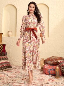 Modelyn 1入組印花腰帶荷葉邊連衣裙