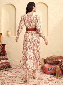 Modelyn 1入組印花腰帶荷葉邊連衣裙