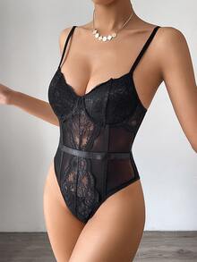 SHEIN Allurite 蕾絲拼接緊身吊帶連體衣 - 黑色 - 查看 3