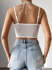 SHEIN Privé Eyelash Lace Panel Tie Backless Bustier Crop Cami Top - White - View 2
