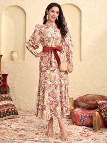 Modelyn 1入組印花腰帶荷葉邊連衣裙