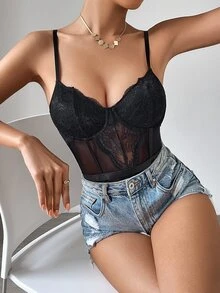 SHEIN Allurite 蕾絲拼接緊身吊帶連體衣 - 黑色 - 查看 6