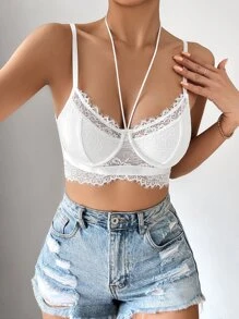 SHEIN Privé Eyelash Lace Panel Tie Backless Bustier Crop Cami Top - White - View 6
