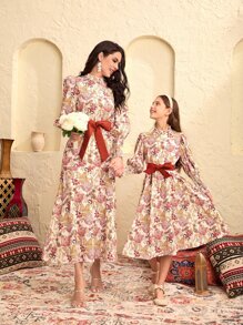 Modelyn 1入組印花腰帶荷葉邊連衣裙