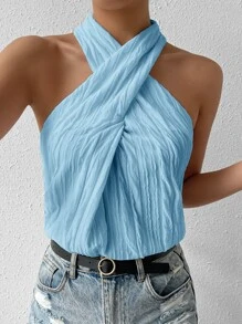 Chiquease 素色交叉繞頸露背掛脖上衣 - 淺藍色 - 查看 1