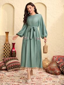 Modelyn Lantern Sleeve Tassel Trim Embroidery Floral Belted Dress - Mint Green - View 1