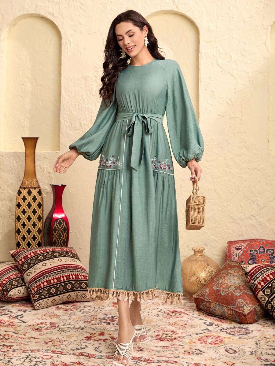 Modelyn Lantern Sleeve Tassel Trim Embroidery Floral Belted Dress - Mint Green - View 1