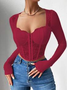 SHEIN Privé Áo nữ Bất đối xứng Tương phản ren cắt màu trơn Giải trí - Màu Đỏ Sâu - Xem 1