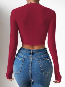 SHEIN Privé Áo nữ Bất đối xứng Tương phản ren cắt màu trơn Giải trí - Màu Đỏ Sâu - Xem 2