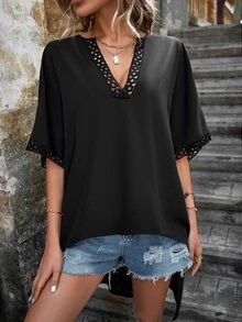 SHEIN LUNE Guipure Lace Insert Batwing Sleeve High Low Hem Blouse - Black - View 3