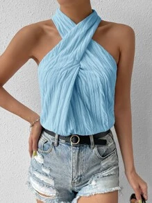 Chiquease 素色交叉繞頸露背掛脖上衣 - 淺藍色 - 查看 5