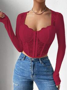 SHEIN Privé Áo nữ Bất đối xứng Tương phản ren cắt màu trơn Giải trí - Màu Đỏ Sâu - Xem 4