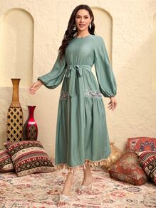 Modelyn Lantern Sleeve Tassel Trim Embroidery Floral Belted Dress - Mint Green - View 6