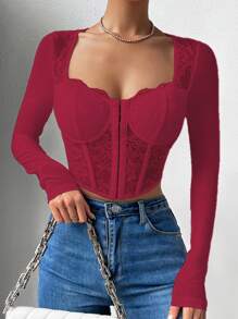 SHEIN Privé Áo nữ Bất đối xứng Tương phản ren cắt màu trơn Giải trí - Màu Đỏ Sâu - Xem 5