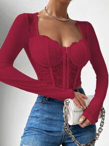 SHEIN Privé Áo nữ Bất đối xứng Tương phản ren cắt màu trơn Giải trí - Màu Đỏ Sâu - Xem 6