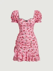 SHEIN MOD Cherry Print Sweetheart Neck Puff Sleeve Ruffle Hem Dress - Multicolor - View 1