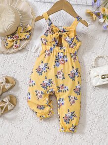 Rosett Skära Ut Blommig Mönster Bebis Jumpsuits - Gul - Visa 1