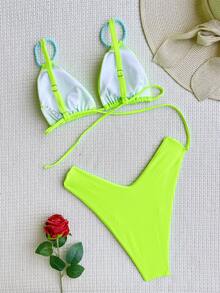 Conjunto de bikini de playa de verano con triángulo de color verde lima neón - Verde Lima - Ver 3
