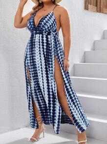 SHEIN VCAY 大碼紮染高衩吊帶連衣裙 - 藍白色 - 查看 1
