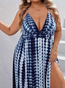 SHEIN VCAY 大碼紮染高衩吊帶連衣裙 - 藍白色 - 查看 3