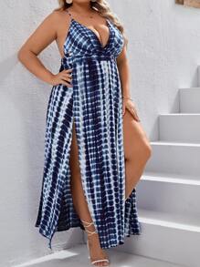 SHEIN VCAY 大碼紮染高衩吊帶連衣裙 - 藍白色 - 查看 5