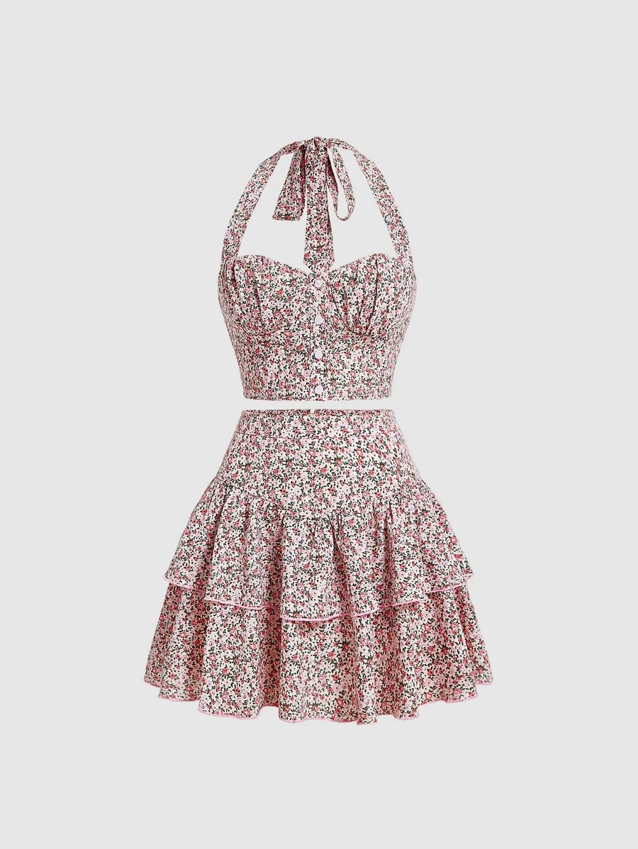 SHEIN MOD Conjunto rosa con parte superior de flores menudas con decoración de botones y falda de doble capa con orilla de volantes para el verano - Multicolor - Ver 1